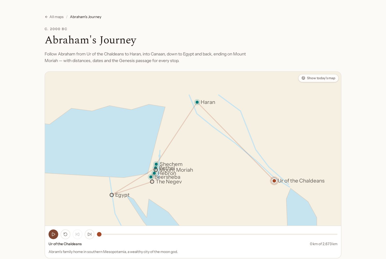Animated map of Abraham's journey from Ur of the Chaldeans through Haran to Canaan and Egypt