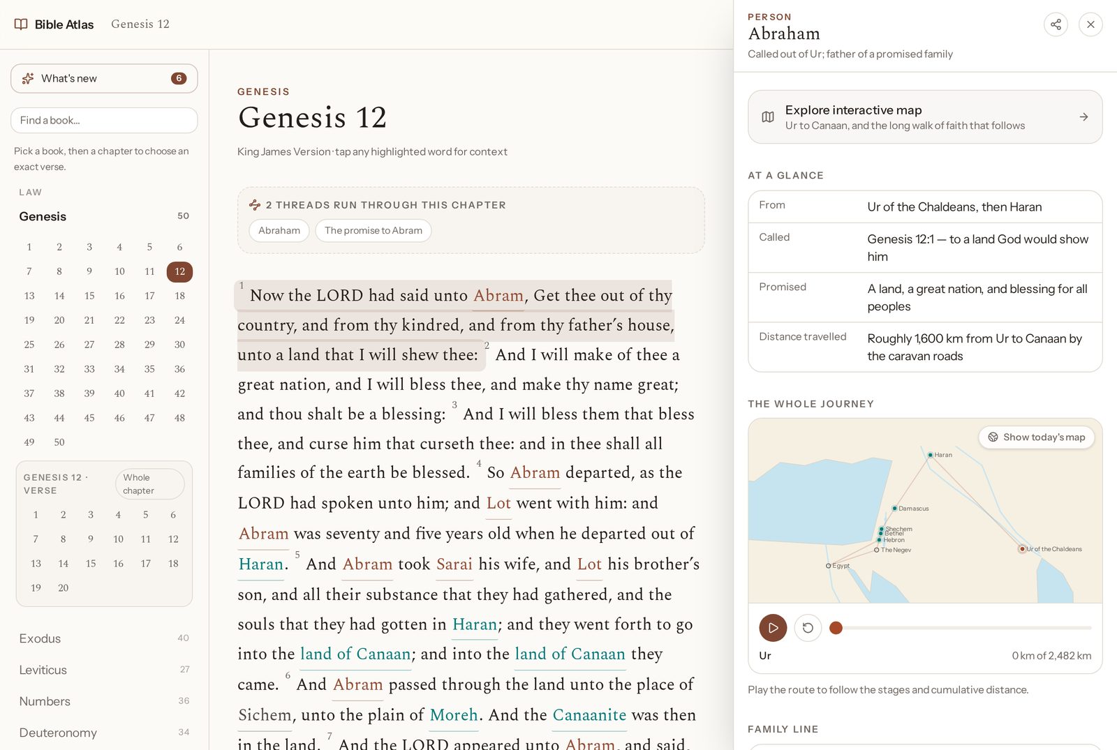 Genesis 12 in Bible Atlas with the Abraham context panel open beside the text, showing a map of his journey