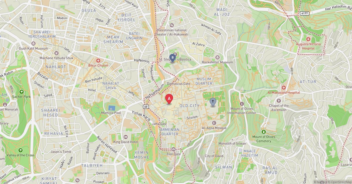 Map showing where Golgotha is located in Jerusalem: the Church of the Holy Sepulchre (traditional site, red pin) and the Garden Tomb (alternate proposed site, blue pin), with the Temple Mount marked for reference.