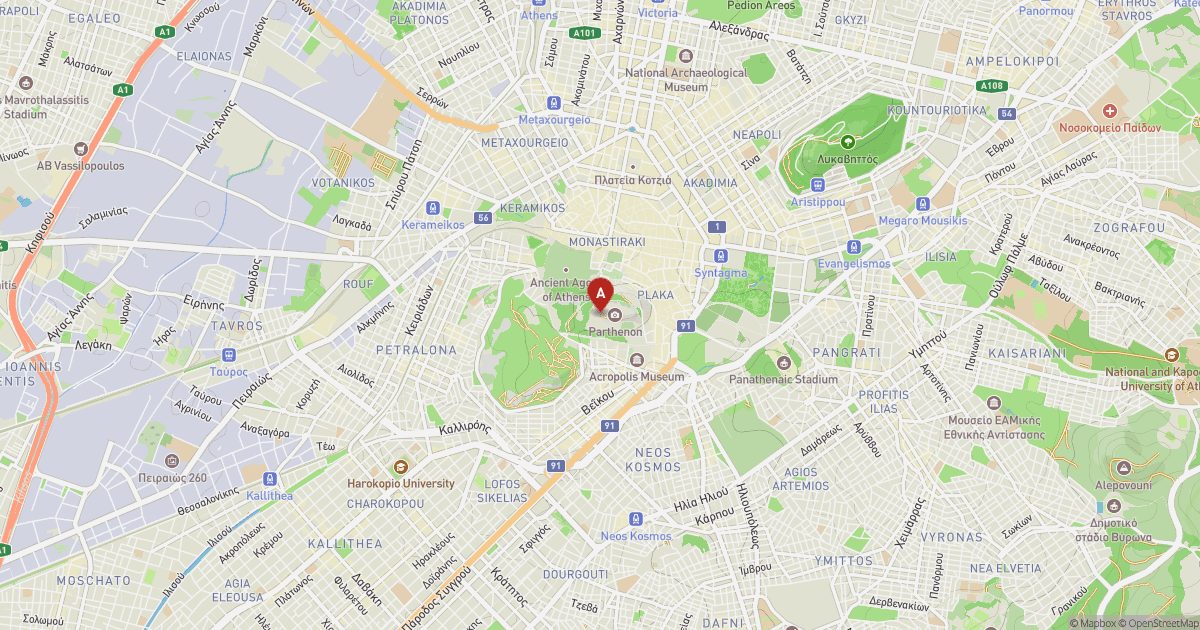 Street map of central Athens with a red pin by the Acropolis and Areopagus.
