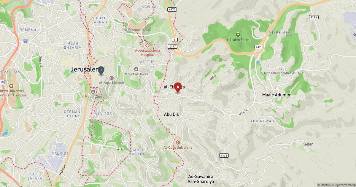 Map east of Jerusalem with a red pin at al-Eizariya (Bethany) and a grey marker at Jerusalem's Old City.