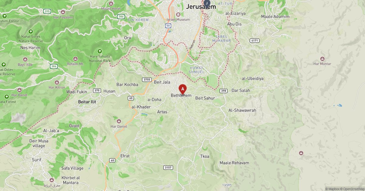 Map showing Bethlehem south of Jerusalem, with a red pin at Bethlehem and a grey marker at Jerusalem.