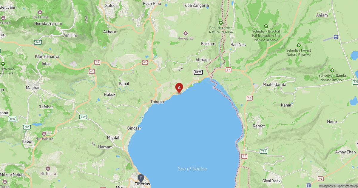 Map of the Sea of Galilee with a red pin at Capernaum on the north shore and a grey marker at Tiberias.