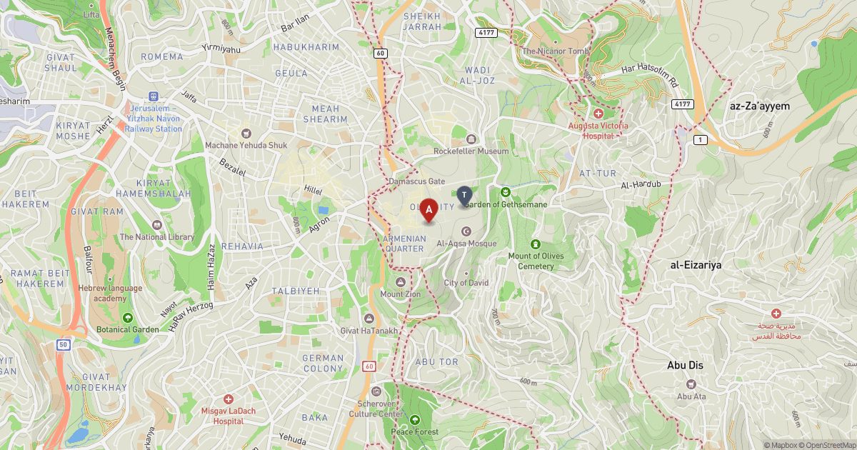 Map of Jerusalem's Old City with a red pin at its centre and a grey marker at the Temple Mount.