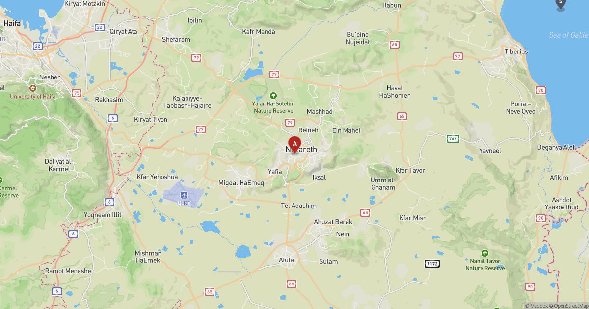 Map of Lower Galilee with a red pin at Nazareth and the Sea of Galilee to the east.