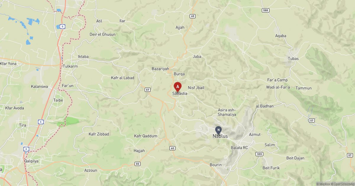 Map of the central hill country with a red pin at Sebastia (ancient Samaria) and a grey marker at Nablus.